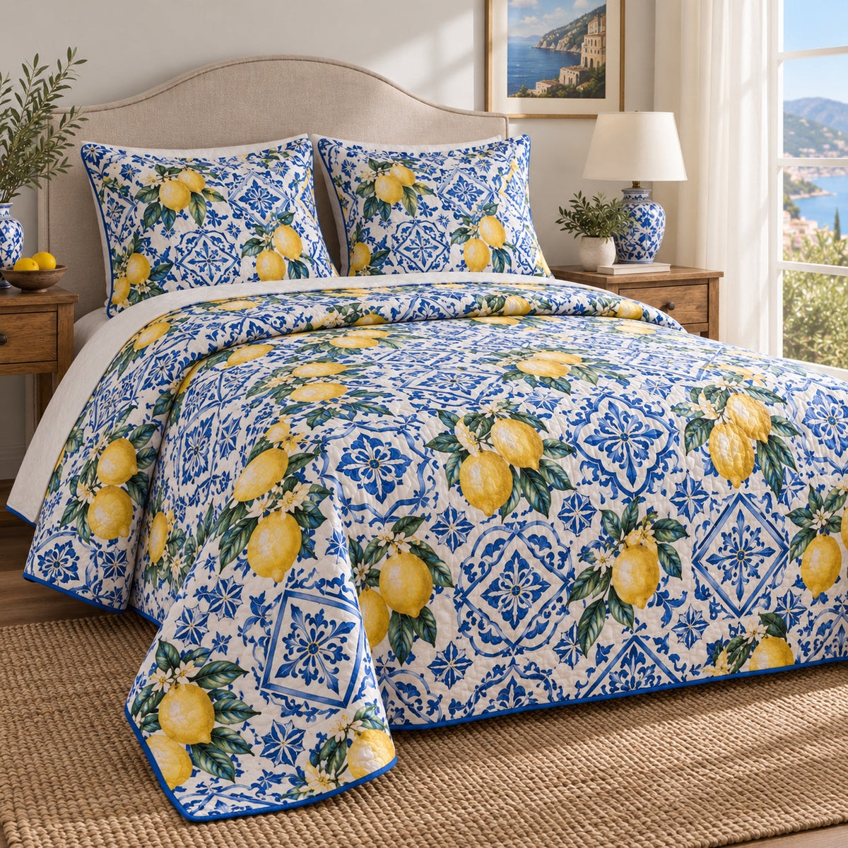 Blue Tile Citrus Lemon Lovers Quilt Set, angled lemon lovers bedroom view