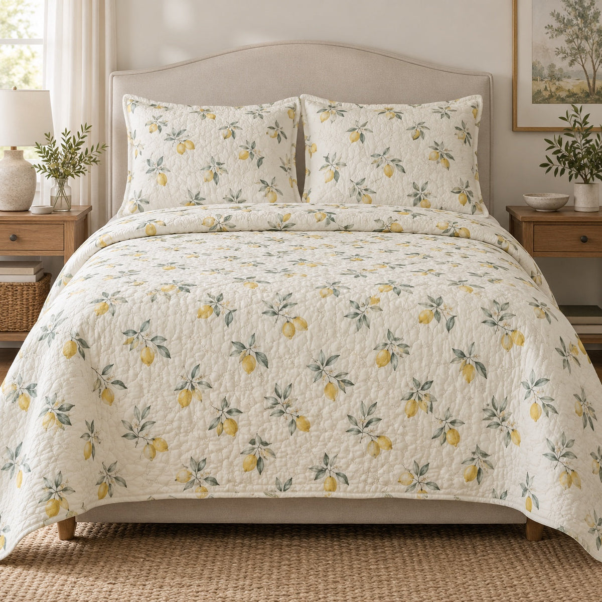 Sage Lemon Sprig Lemon Lovers Quilt Set, front lemon lovers bedroom view