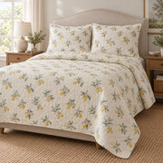 Sage Lemon Sprig Lemon Lovers Quilt Set, angled lemon lovers bedroom view