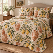 Terracotta Orchard Lemon Lovers Quilt Set, angled lemon lovers bedroom view
