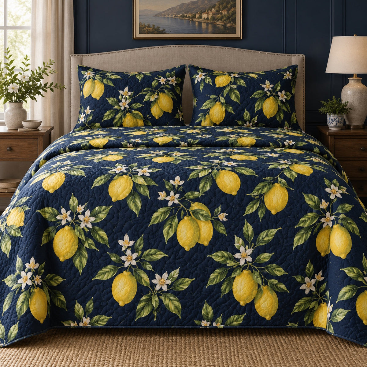 Midnight Lemons Lemon Lovers Quilt Set, front lemon lovers bedroom view