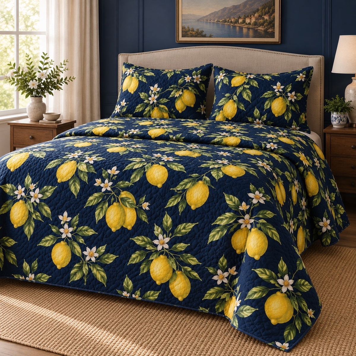 Midnight Lemons Lemon Lovers Quilt Set, angled lemon lovers bedroom view