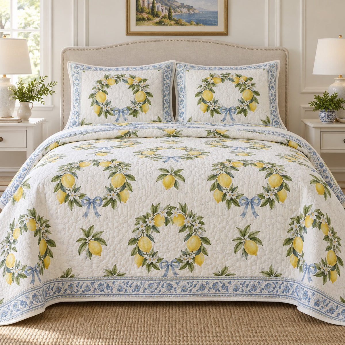 Citrus Wreath Lemon Lovers Quilt Set, front lemon lovers bedroom view