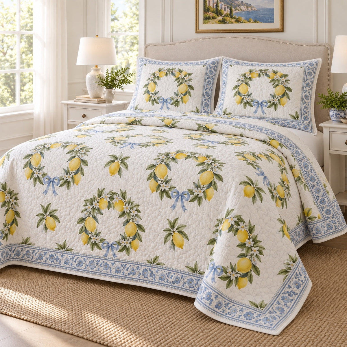 Citrus Wreath Lemon Lovers Quilt Set, angled lemon lovers bedroom view