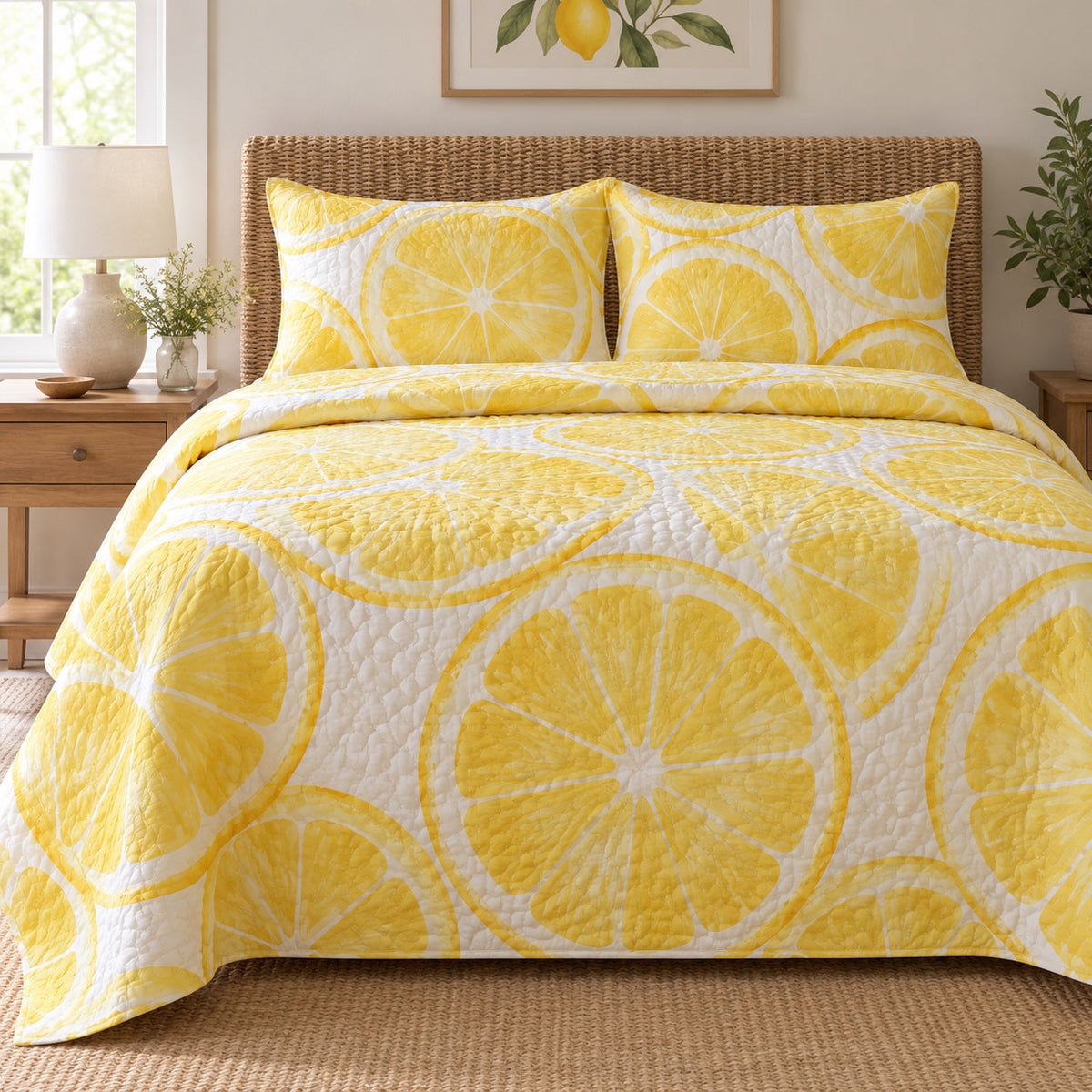 Sunlit Slices Lemon Lovers Quilt Set, front lemon lovers bedroom view
