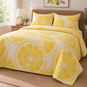 Sunlit Slices Lemon Lovers Quilt Set, angled lemon lovers bedroom view