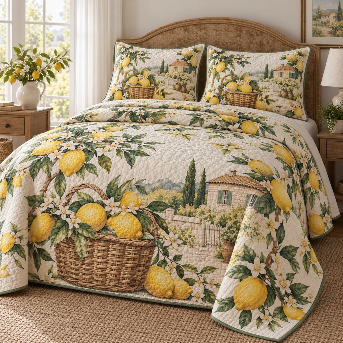 Garden Harvest Lemon Lovers Quilt Set, angled lemon lovers bedroom view