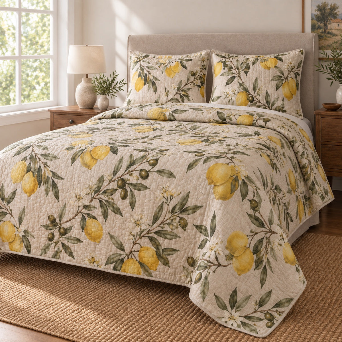Olive and Lemon Lemon Lovers Quilt Set, angled lemon lovers bedroom view