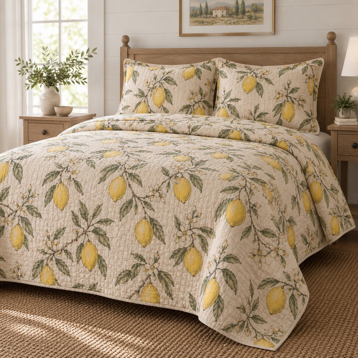 Linen Citrus Lemon Lovers Quilt Set, angled lemon lovers bedroom view