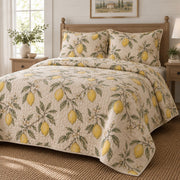 Linen Citrus Lemon Lovers Quilt Set, angled lemon lovers bedroom view