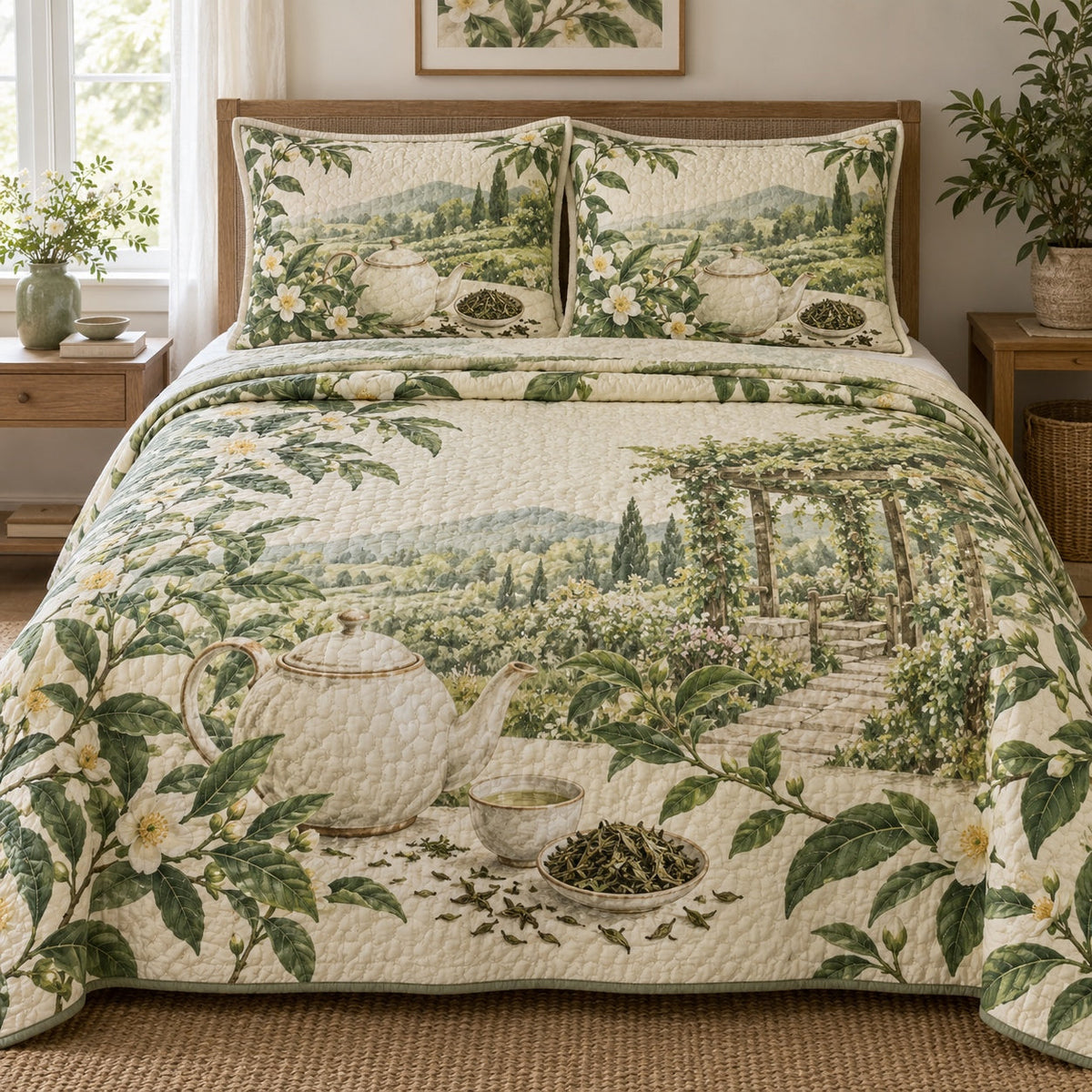 Tea Garden Morning Loose Leaf Tea Lovers Quilt Set, front loose leaf tea lovers bedroom view