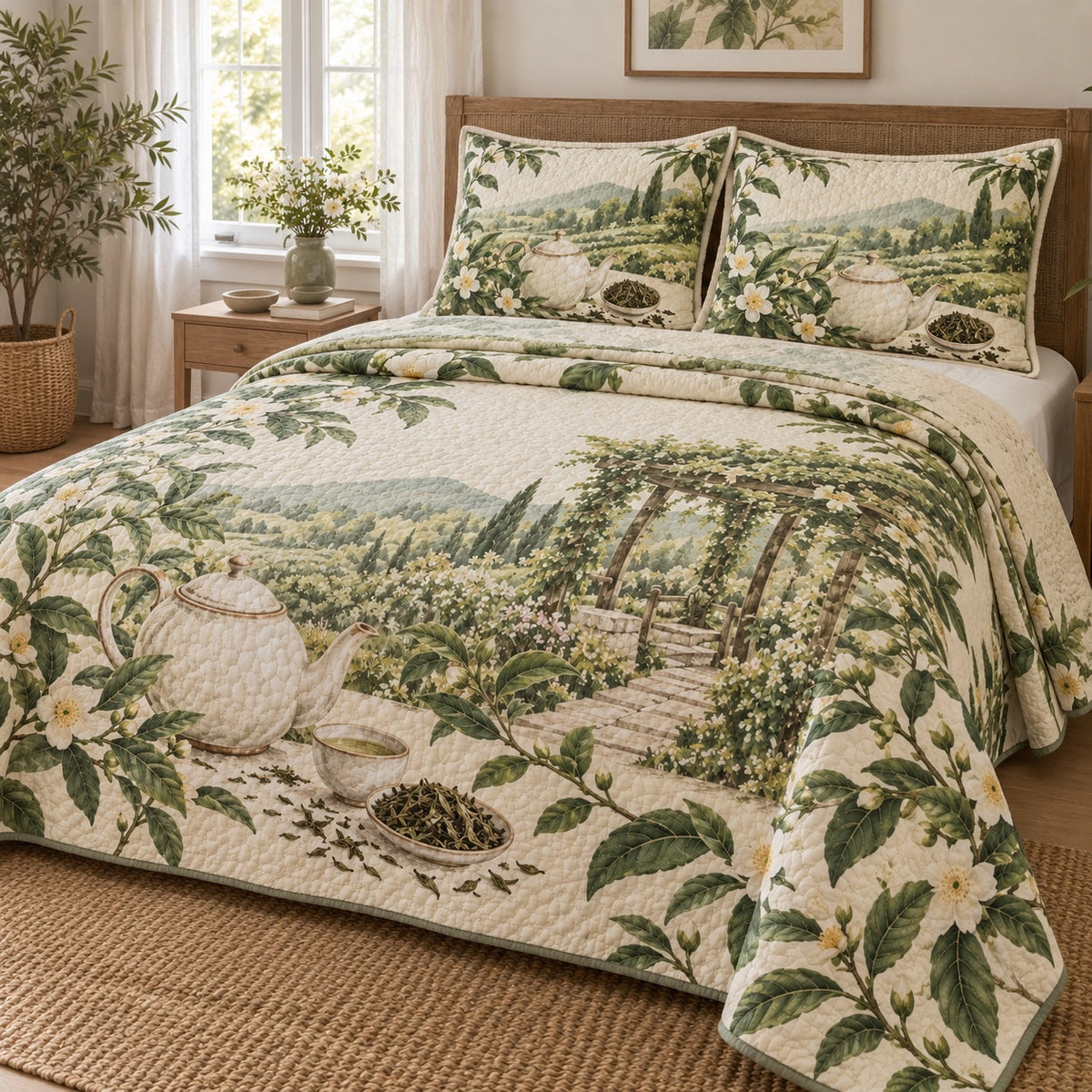 Tea Garden Morning Loose Leaf Tea Lovers Quilt Set, angled loose leaf tea lovers bedroom view