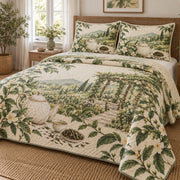Tea Garden Morning Loose Leaf Tea Lovers Quilt Set, angled loose leaf tea lovers bedroom view