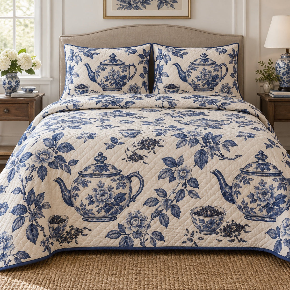 Blue Porcelain Tea Loose Leaf Tea Lovers Quilt Set, front loose leaf tea lovers bedroom view