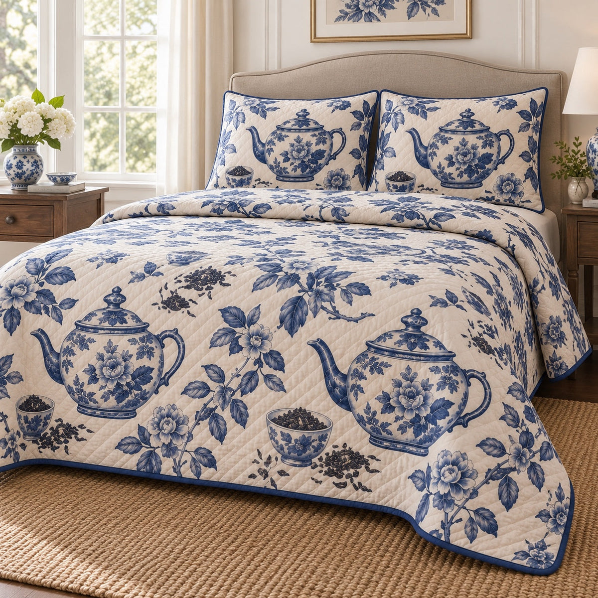 Blue Porcelain Tea Loose Leaf Tea Lovers Quilt Set, angled loose leaf tea lovers bedroom view
