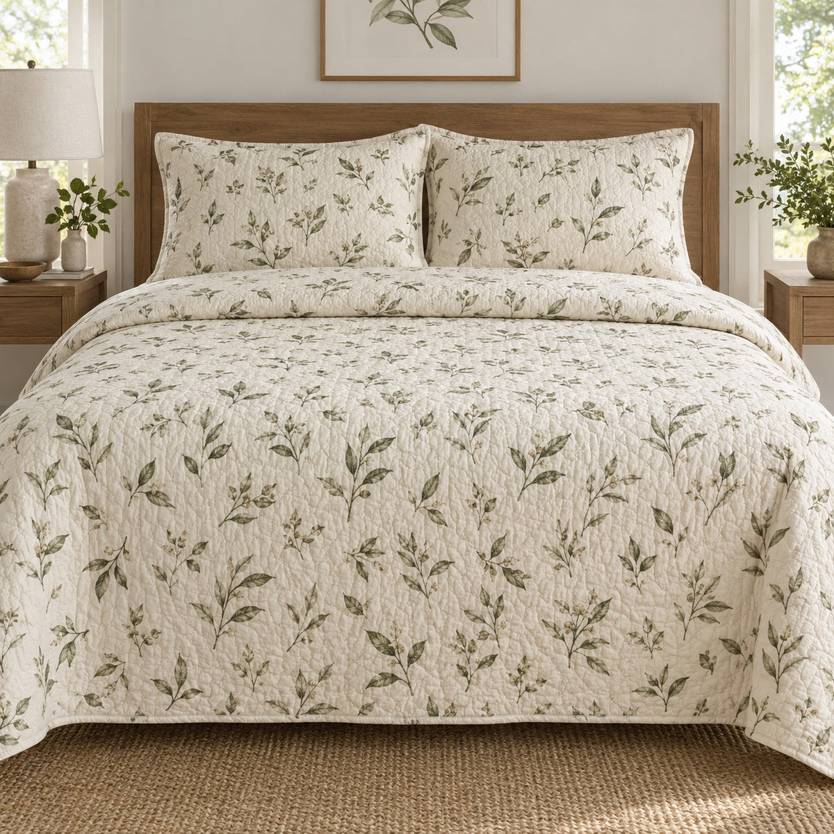 Sage Tea Leaves Loose Leaf Tea Lovers Quilt Set, front loose leaf tea lovers bedroom view