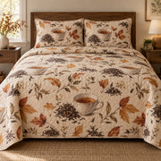 Autumn Tea Table Loose Leaf Tea Lovers Quilt Set, front loose leaf tea lovers bedroom view