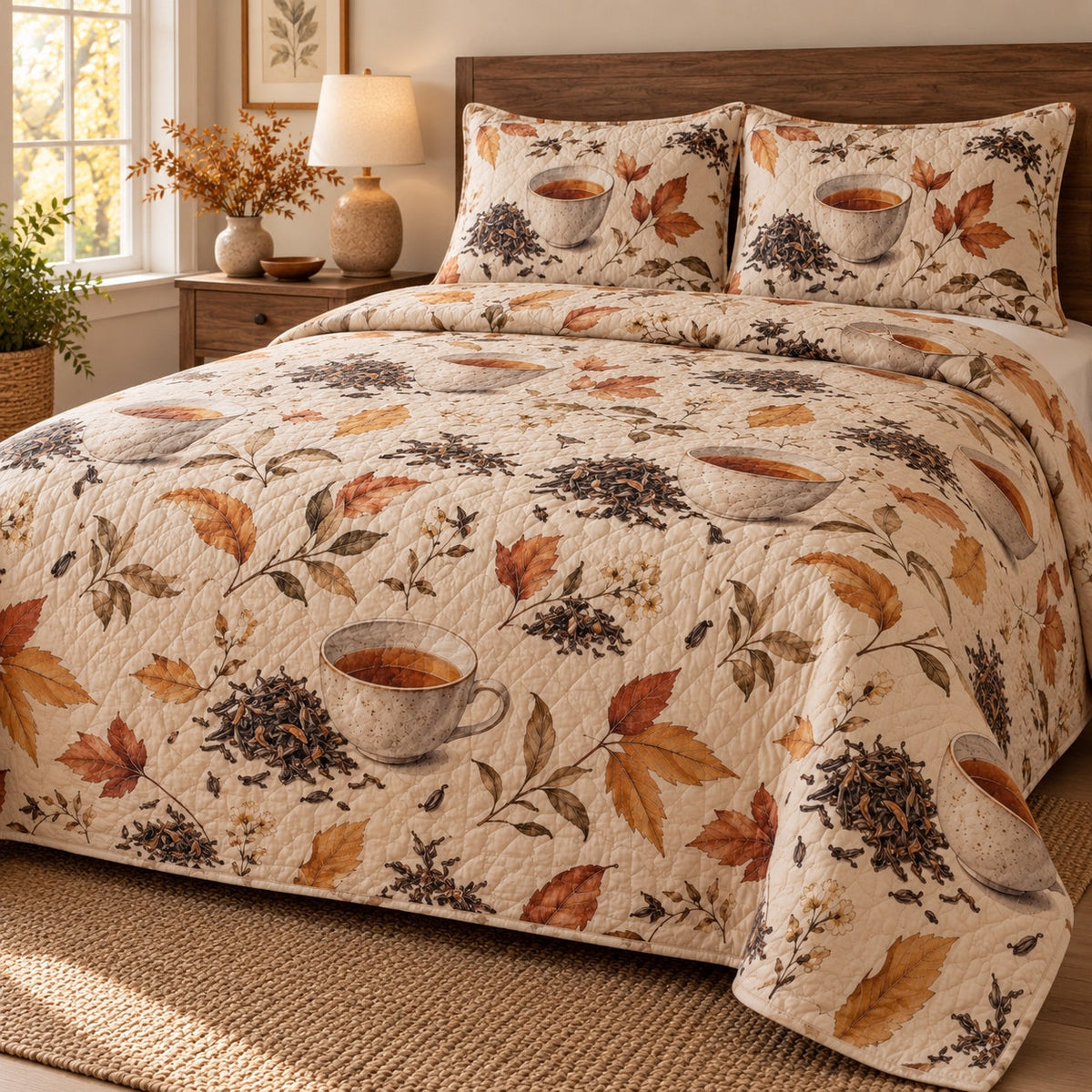 Autumn Tea Table Loose Leaf Tea Lovers Quilt Set, angled loose leaf tea lovers bedroom view