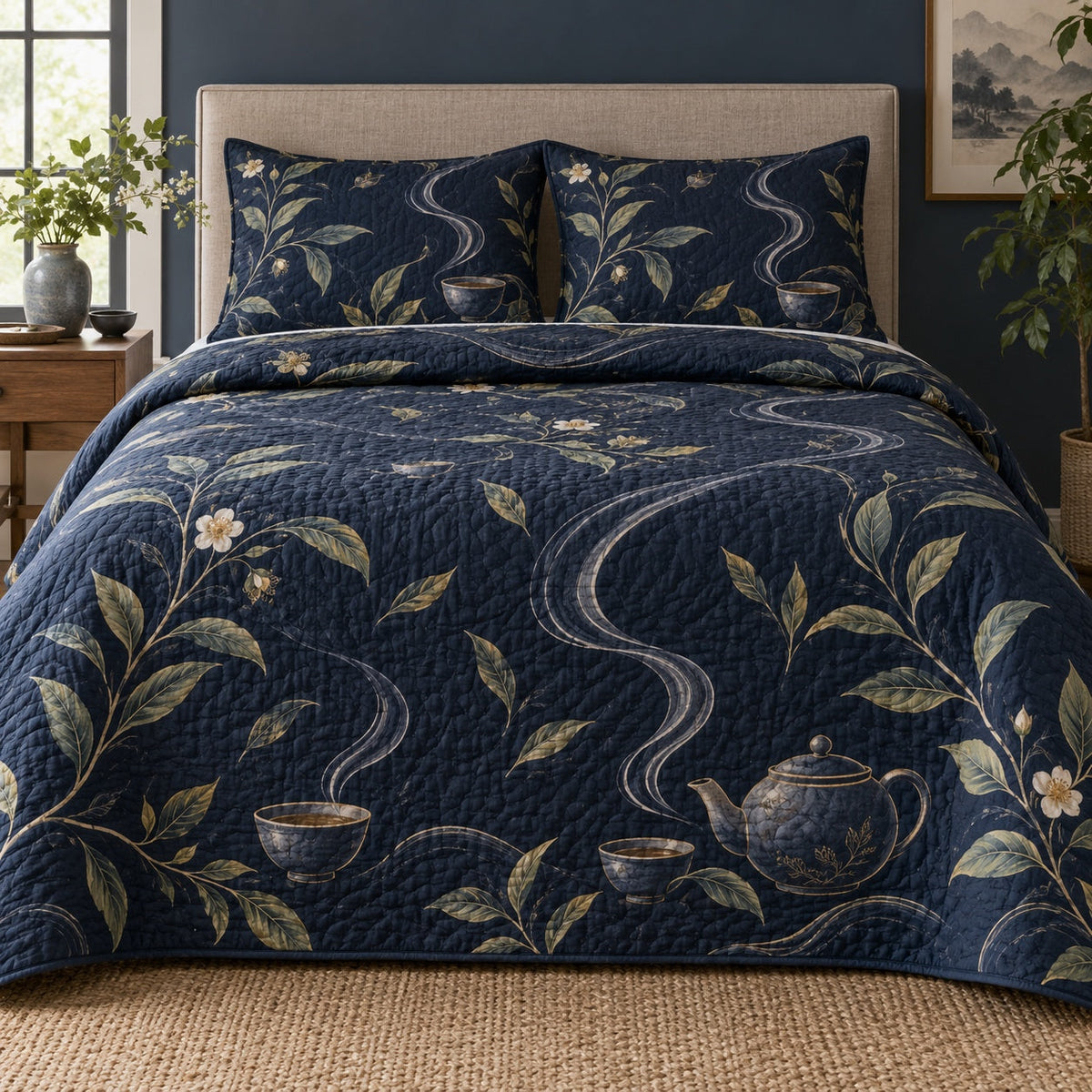 Midnight Tea Loose Leaf Tea Lovers Quilt Set, front loose leaf tea lovers bedroom view