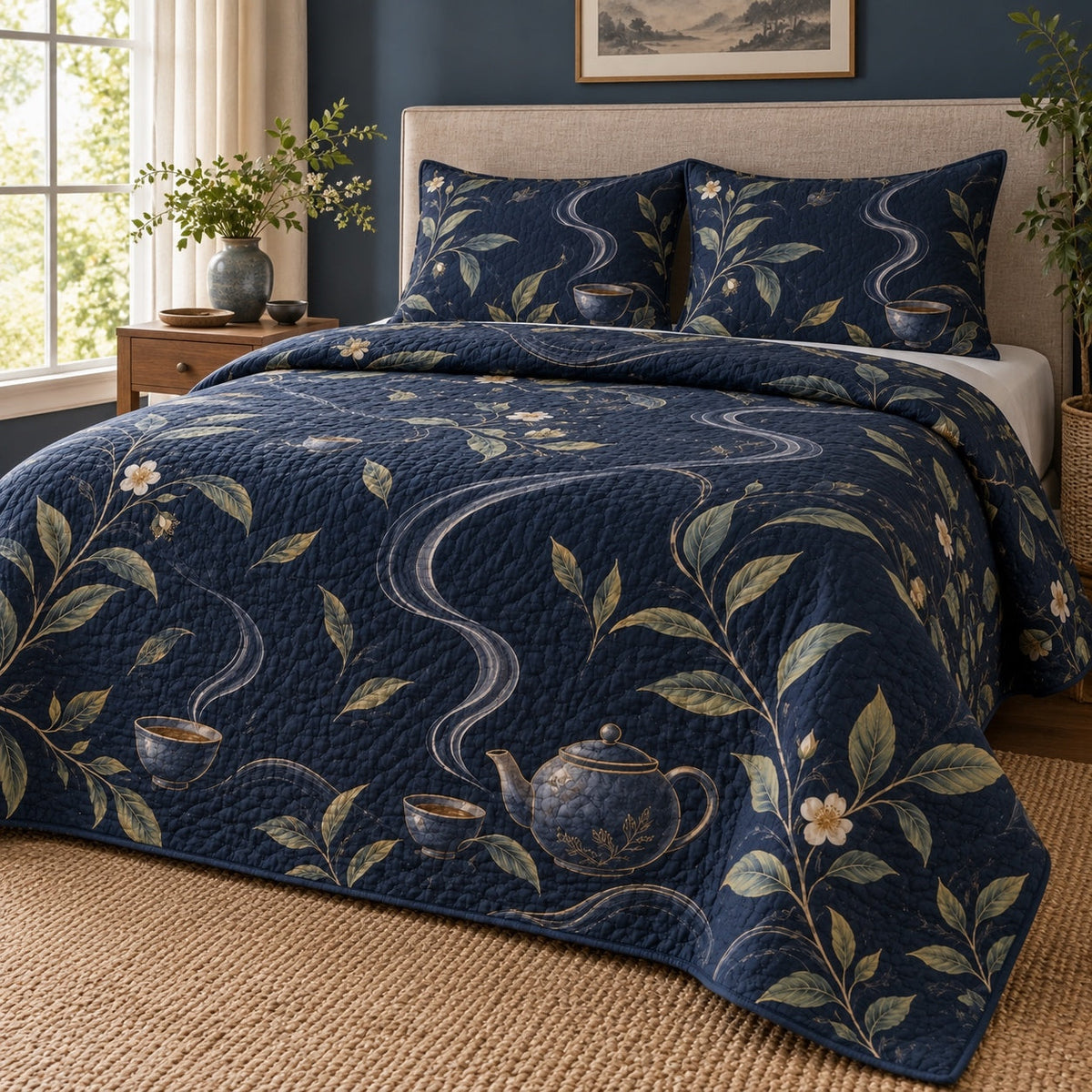 Midnight Tea Loose Leaf Tea Lovers Quilt Set, angled loose leaf tea lovers bedroom view