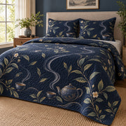 Midnight Tea Loose Leaf Tea Lovers Quilt Set, angled loose leaf tea lovers bedroom view