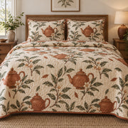 Terracotta Teapot Loose Leaf Tea Lovers Quilt Set, front loose leaf tea lovers bedroom view