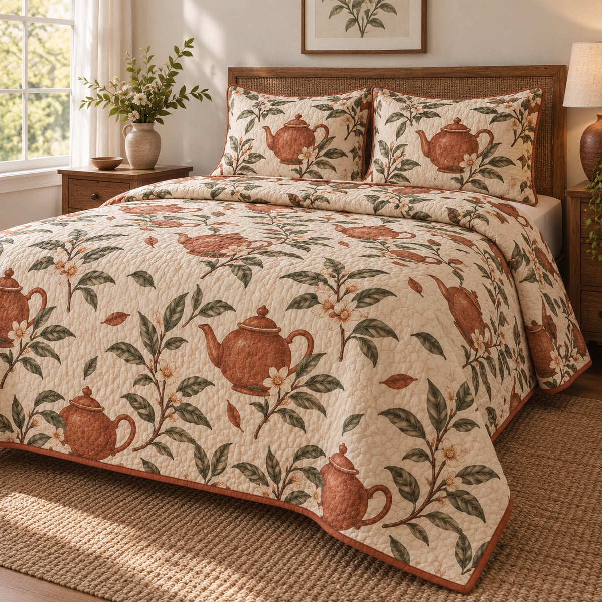 Terracotta Teapot Loose Leaf Tea Lovers Quilt Set, angled loose leaf tea lovers bedroom view