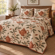 Terracotta Teapot Loose Leaf Tea Lovers Quilt Set, angled loose leaf tea lovers bedroom view