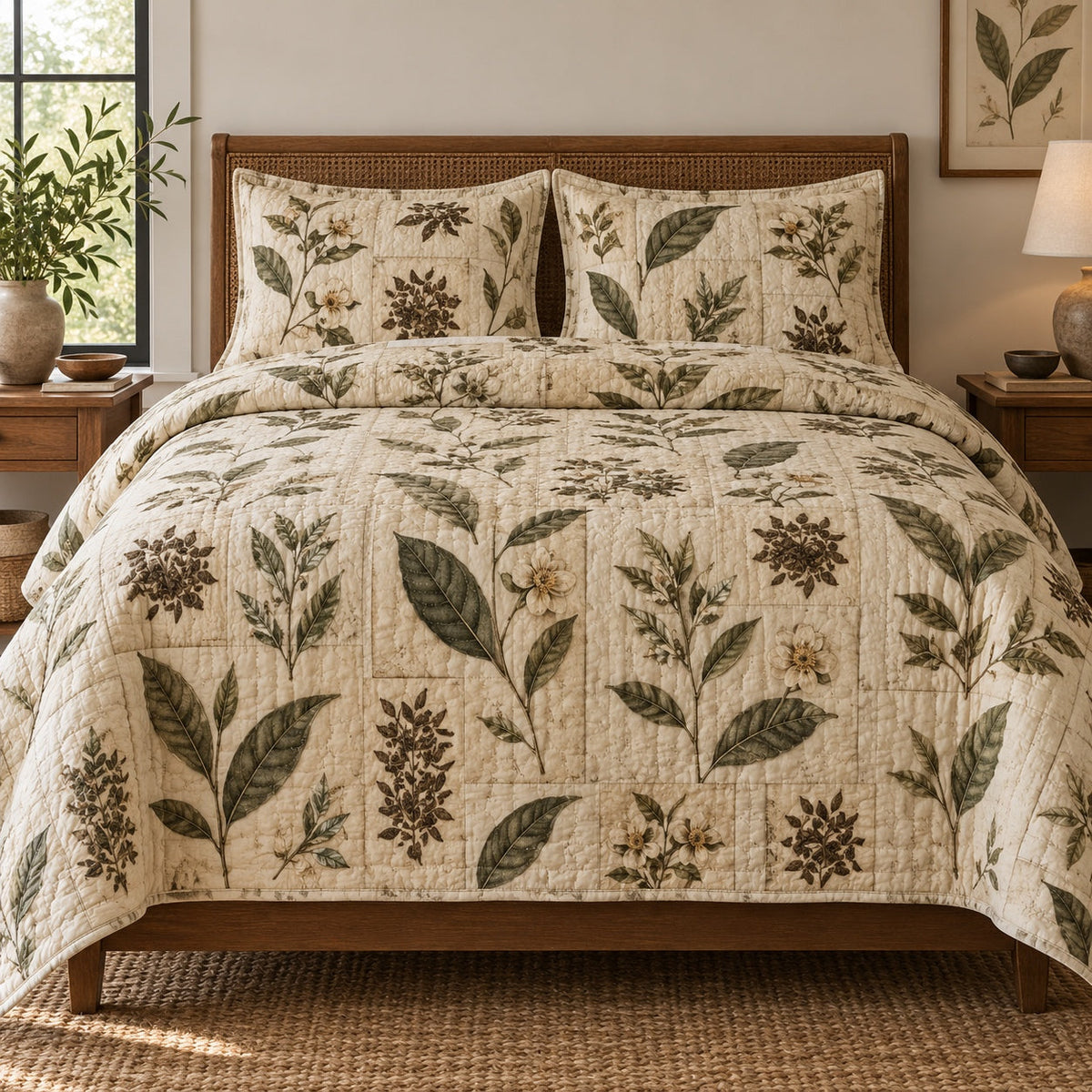 Pressed Tea Leaves Loose Leaf Tea Lovers Quilt Set, front loose leaf tea lovers bedroom view