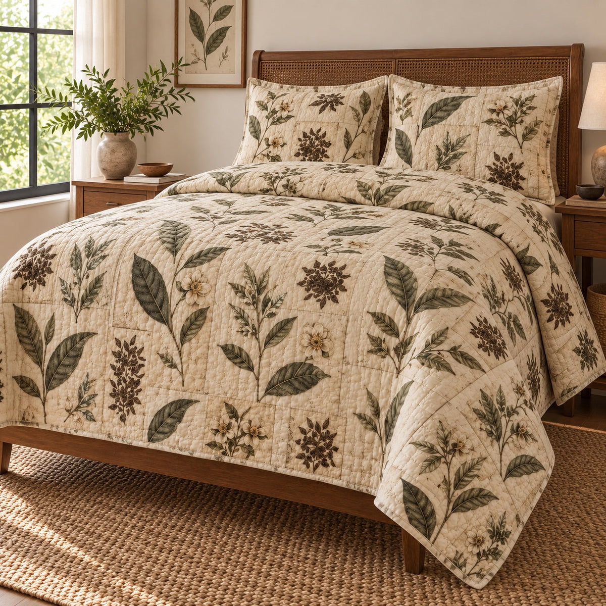 Pressed Tea Leaves Loose Leaf Tea Lovers Quilt Set, angled loose leaf tea lovers bedroom view