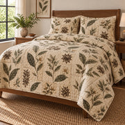 Pressed Tea Leaves Loose Leaf Tea Lovers Quilt Set, angled loose leaf tea lovers bedroom view