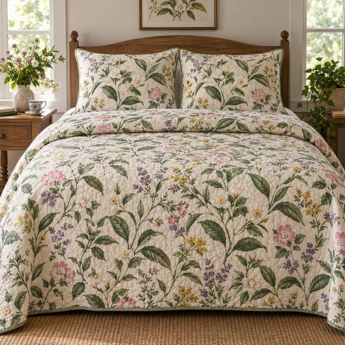 Tea and Wildflowers Loose Leaf Tea Lovers Quilt Set, front loose leaf tea lovers bedroom view