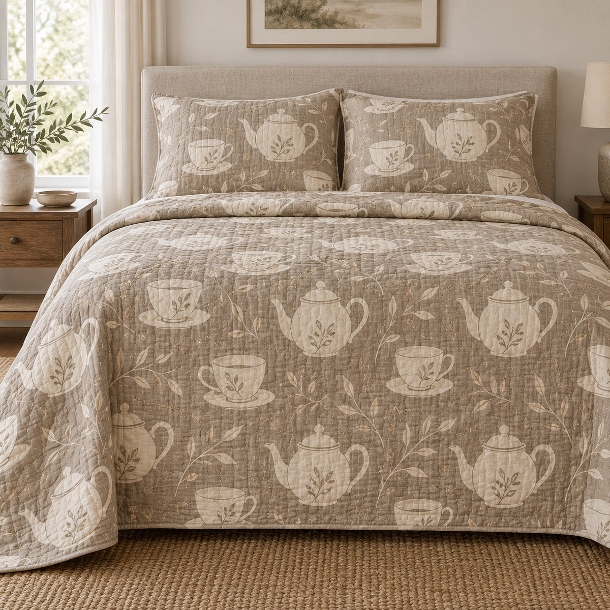 Cream Tea Service Loose Leaf Tea Lovers Quilt Set, front loose leaf tea lovers bedroom view