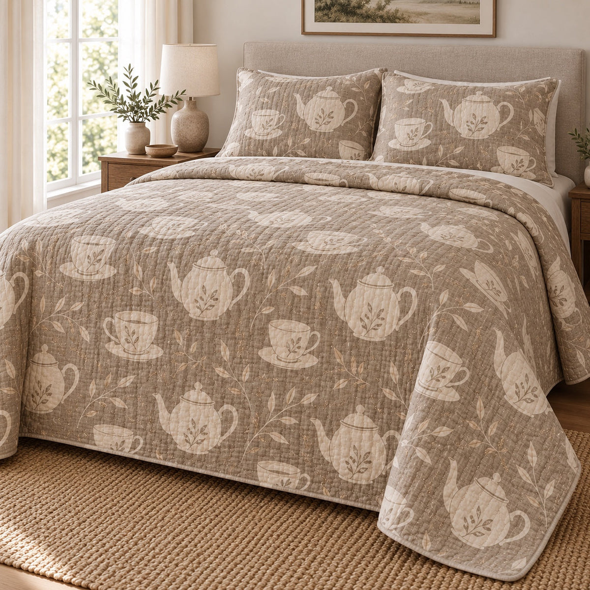 Cream Tea Service Loose Leaf Tea Lovers Quilt Set, angled loose leaf tea lovers bedroom view