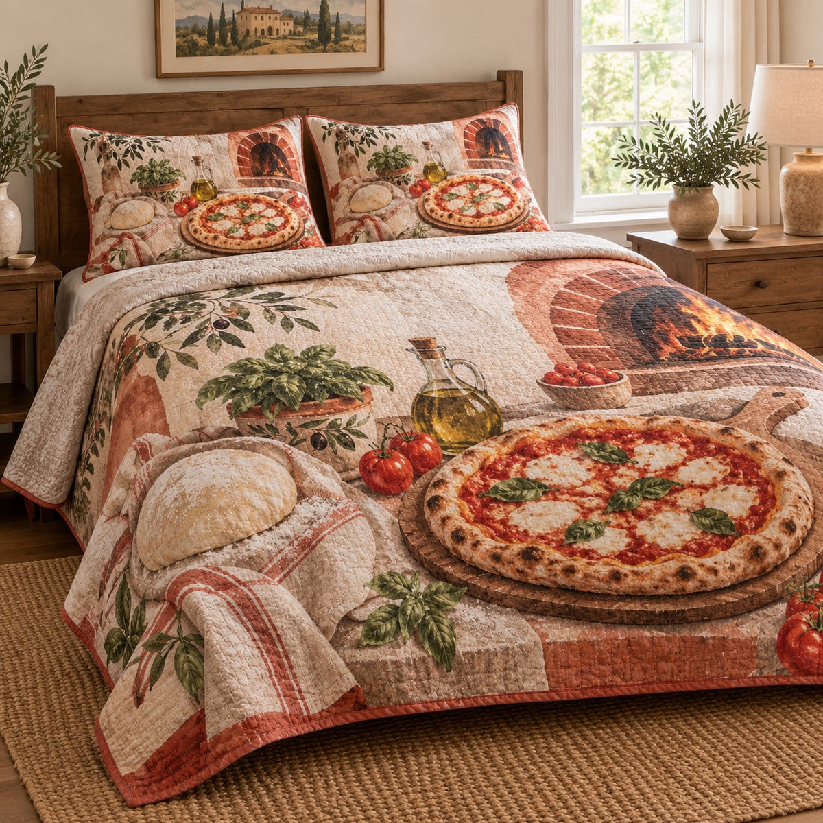 Rustic Pizza Night Pizza Making Quilt Set, angled pizza making bedroom view