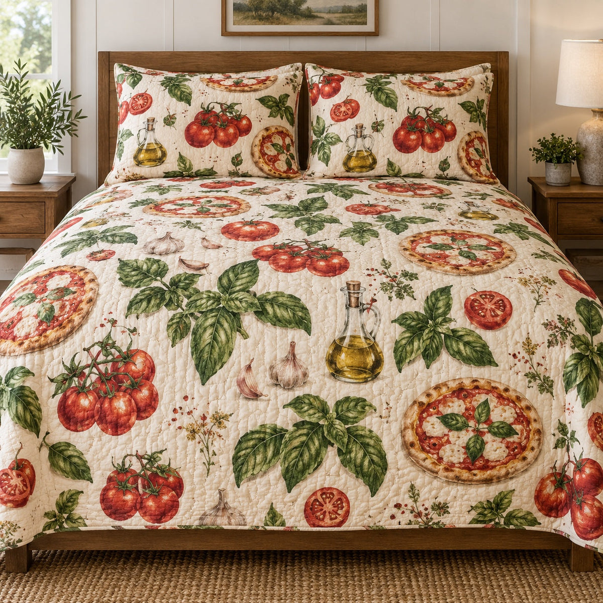 Tomato Basil Pie Pizza Making Quilt Set, front pizza making bedroom view