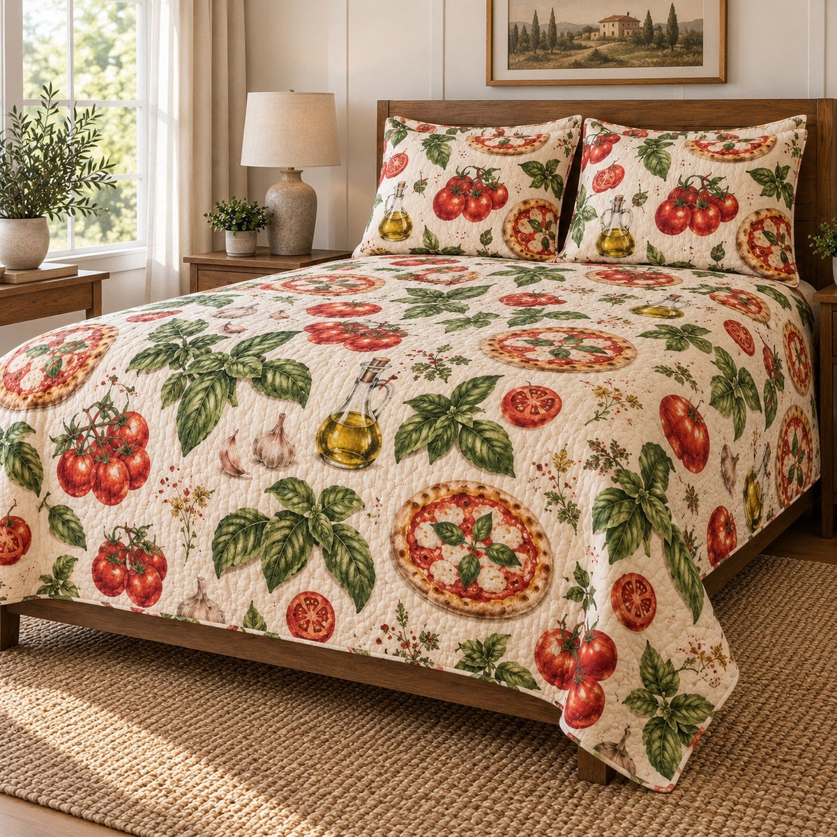 Tomato Basil Pie Pizza Making Quilt Set, angled pizza making bedroom view