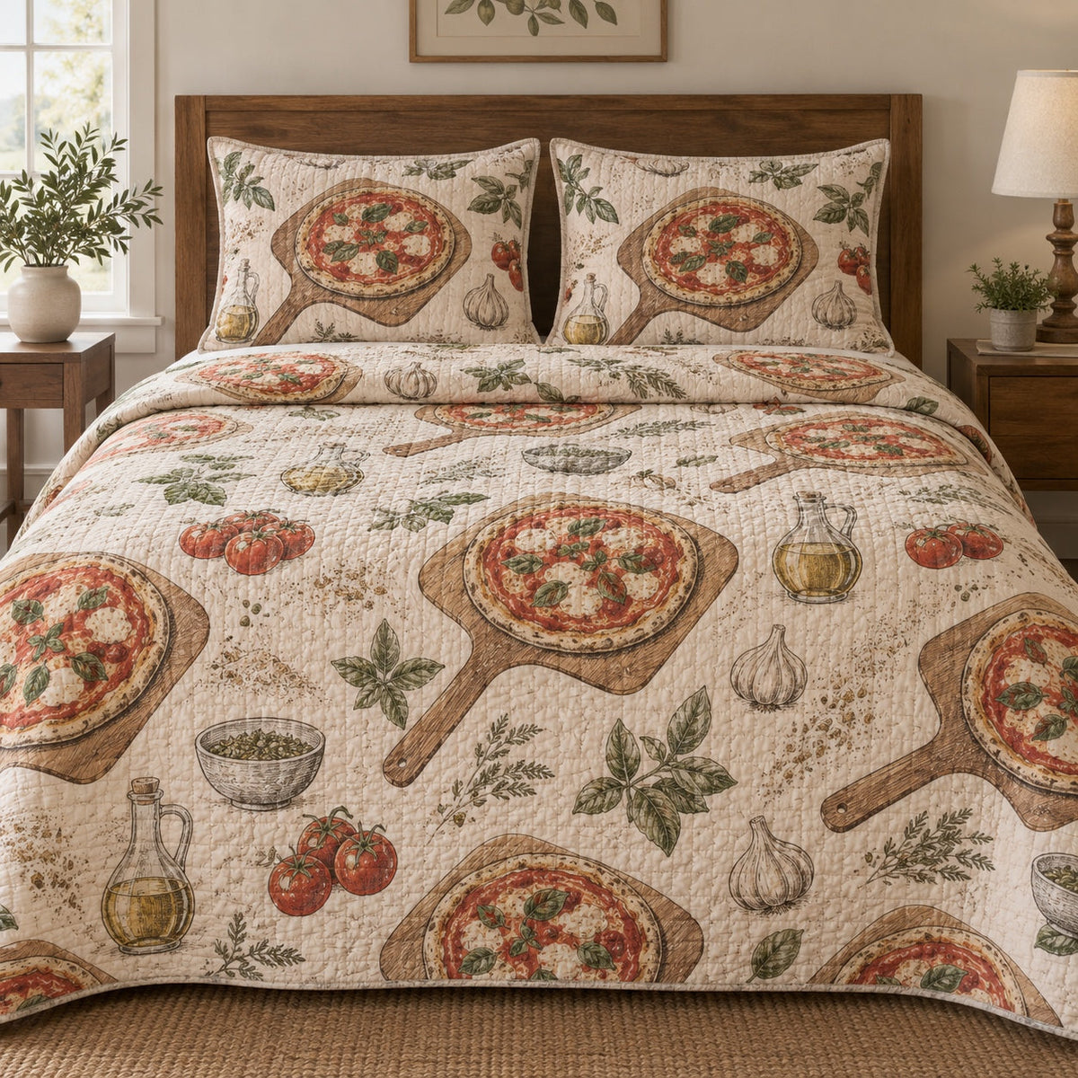 Wood Fired Sketch Pizza Making Quilt Set, front pizza making bedroom view