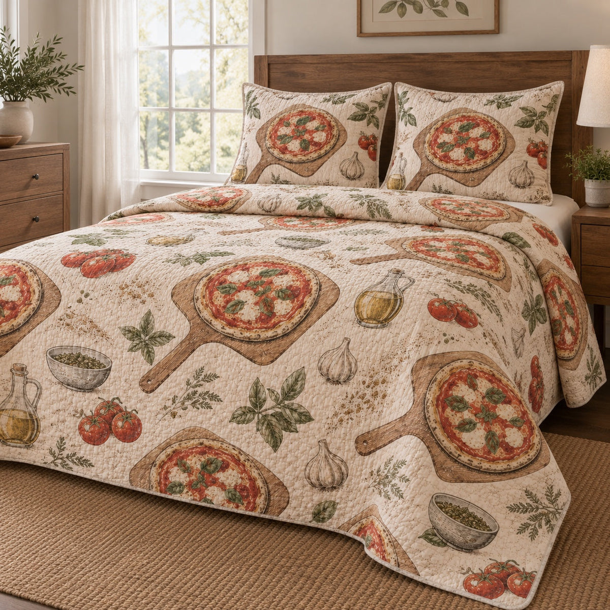 Wood Fired Sketch Pizza Making Quilt Set, angled pizza making bedroom view