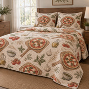 Wood Fired Sketch Pizza Making Quilt Set, angled pizza making bedroom view