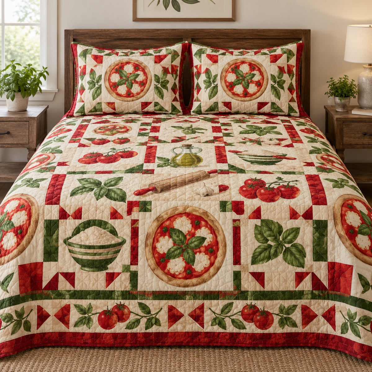 Neapolitan Colors Pizza Making Quilt Set, front pizza making bedroom view