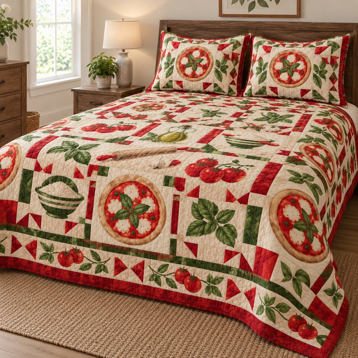 Neapolitan Colors Pizza Making Quilt Set, angled pizza making bedroom view