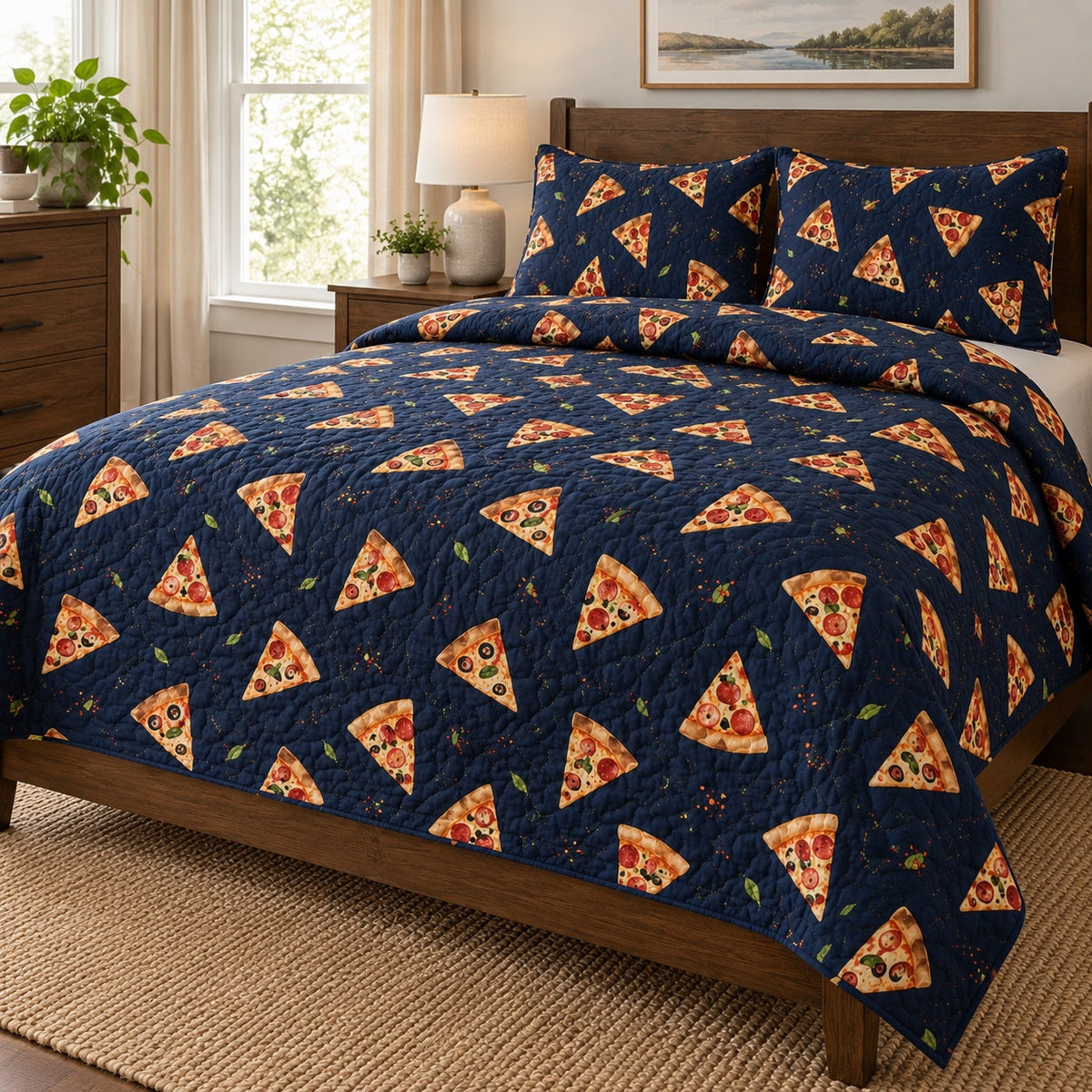 Midnight Pizzeria Pizza Making Quilt Set, angled pizza making bedroom view