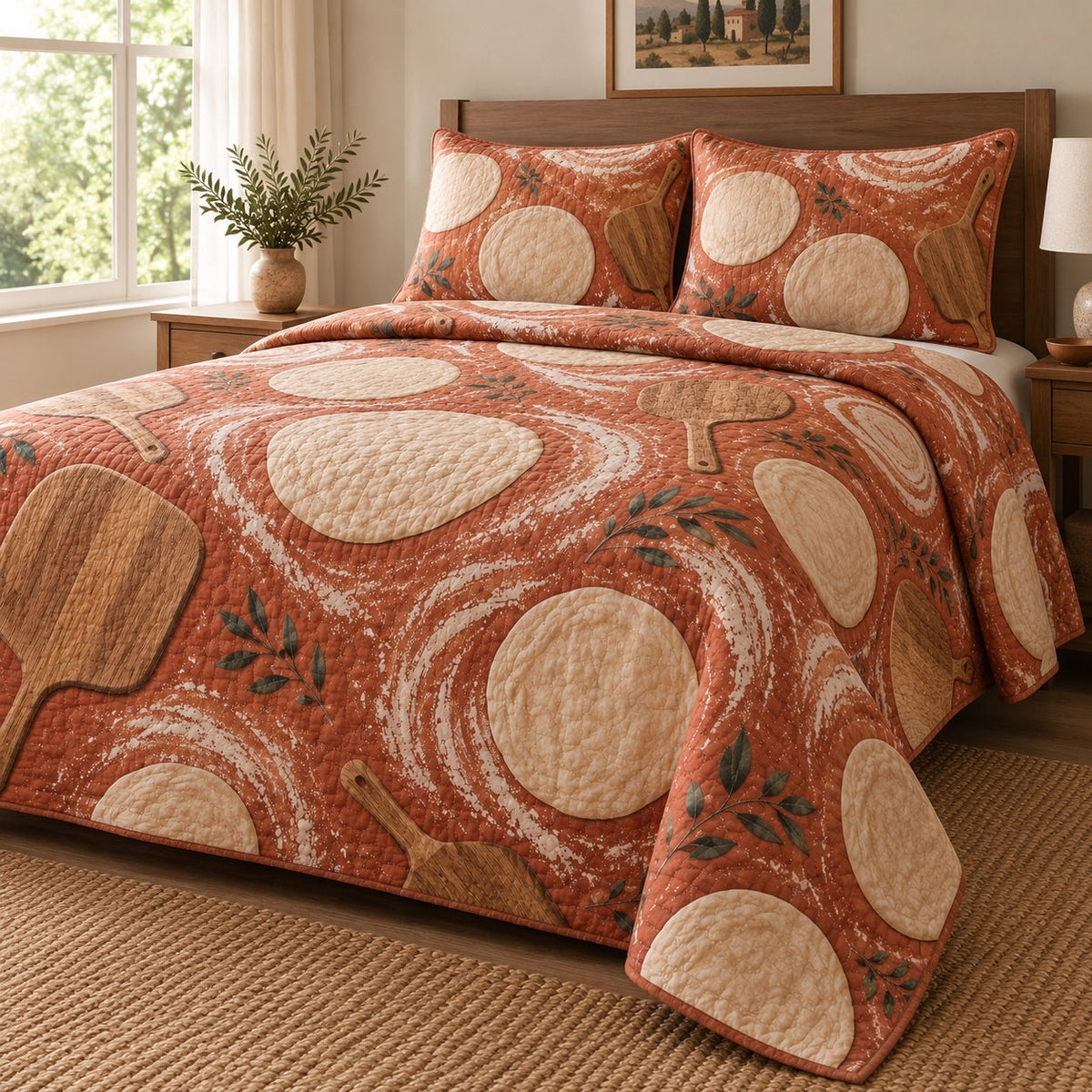 Terracotta Dough Pizza Making Quilt Set, angled pizza making bedroom view