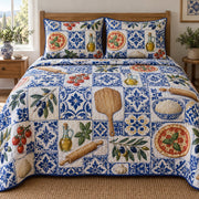 Blue Kitchen Tile Pizza Making Quilt Set, front pizza making bedroom view