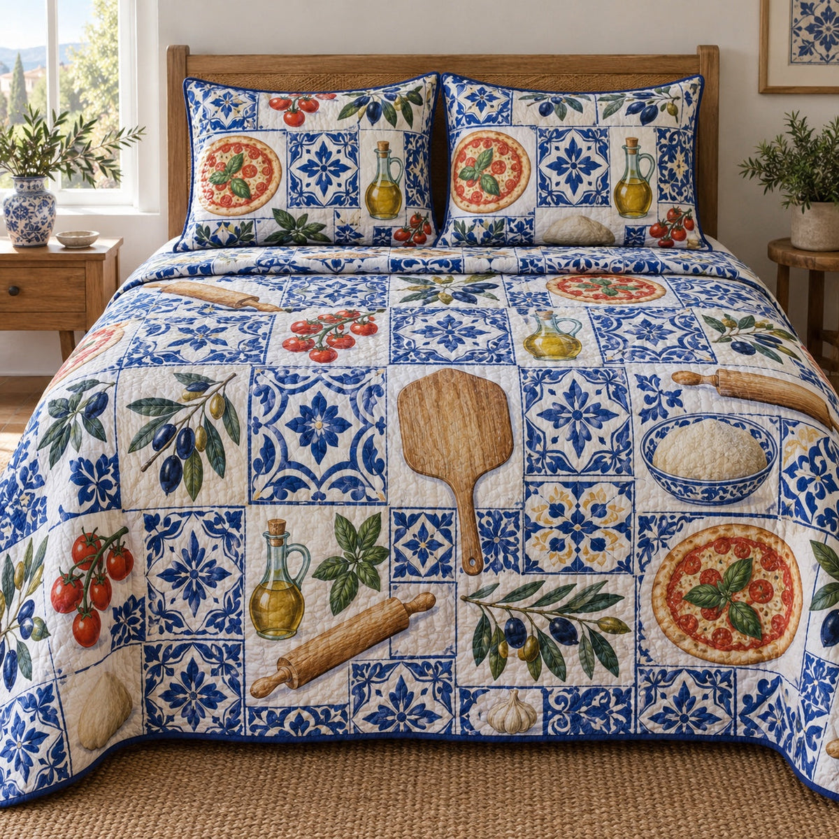 Blue Kitchen Tile Pizza Making Quilt Set, front pizza making bedroom view