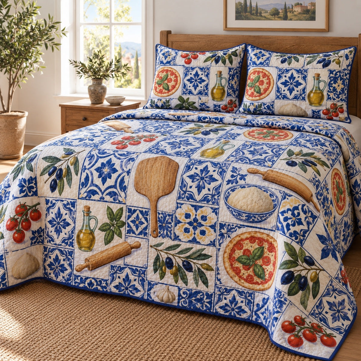 Blue Kitchen Tile Pizza Making Quilt Set, angled pizza making bedroom view