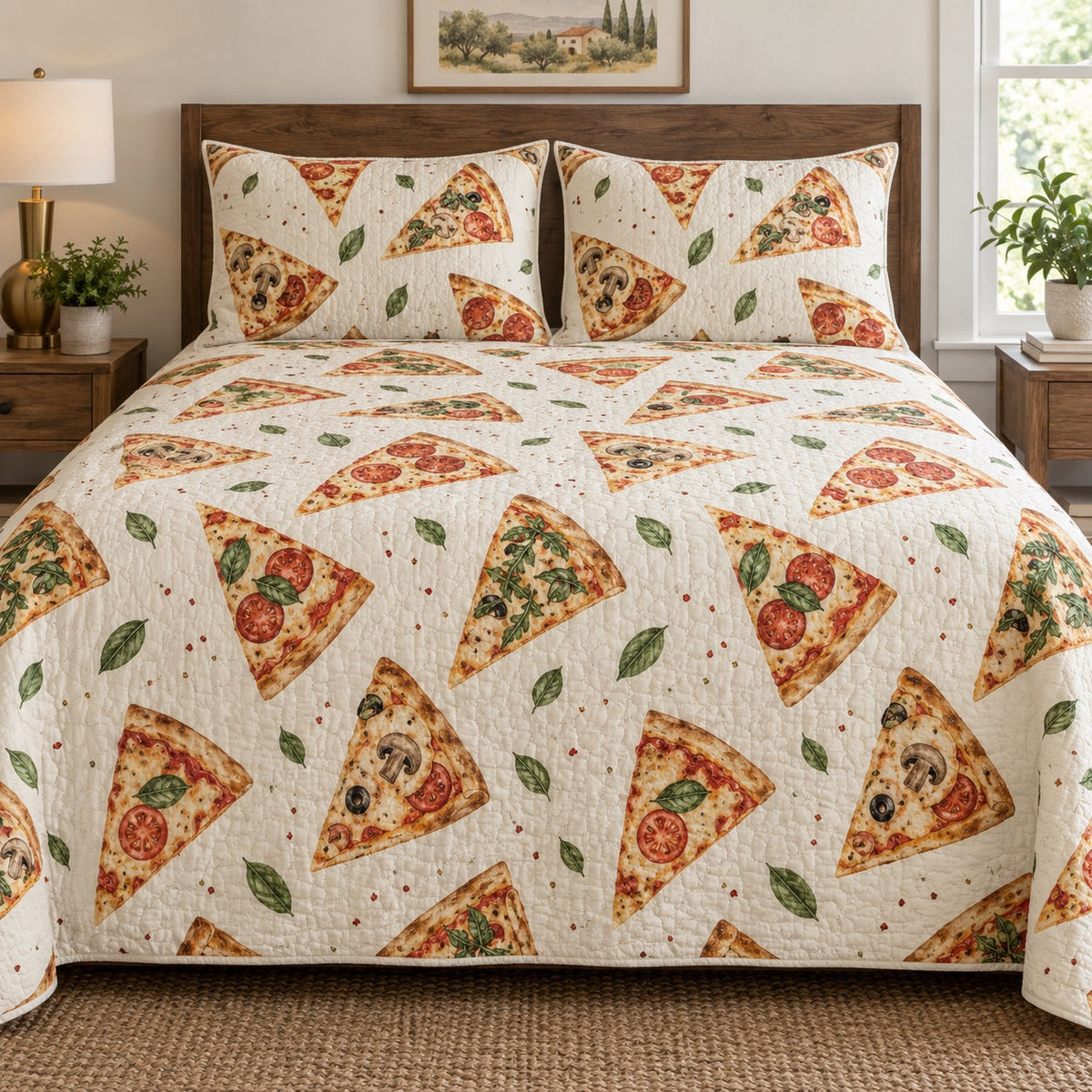 Sunday Slice Pizza Making Quilt Set, front pizza making bedroom view