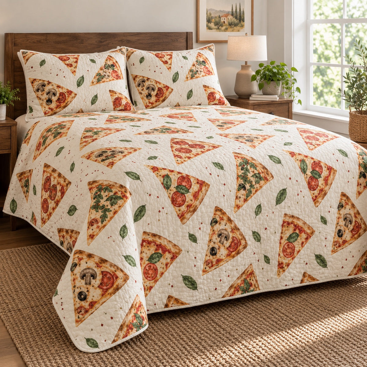 Sunday Slice Pizza Making Quilt Set, angled pizza making bedroom view