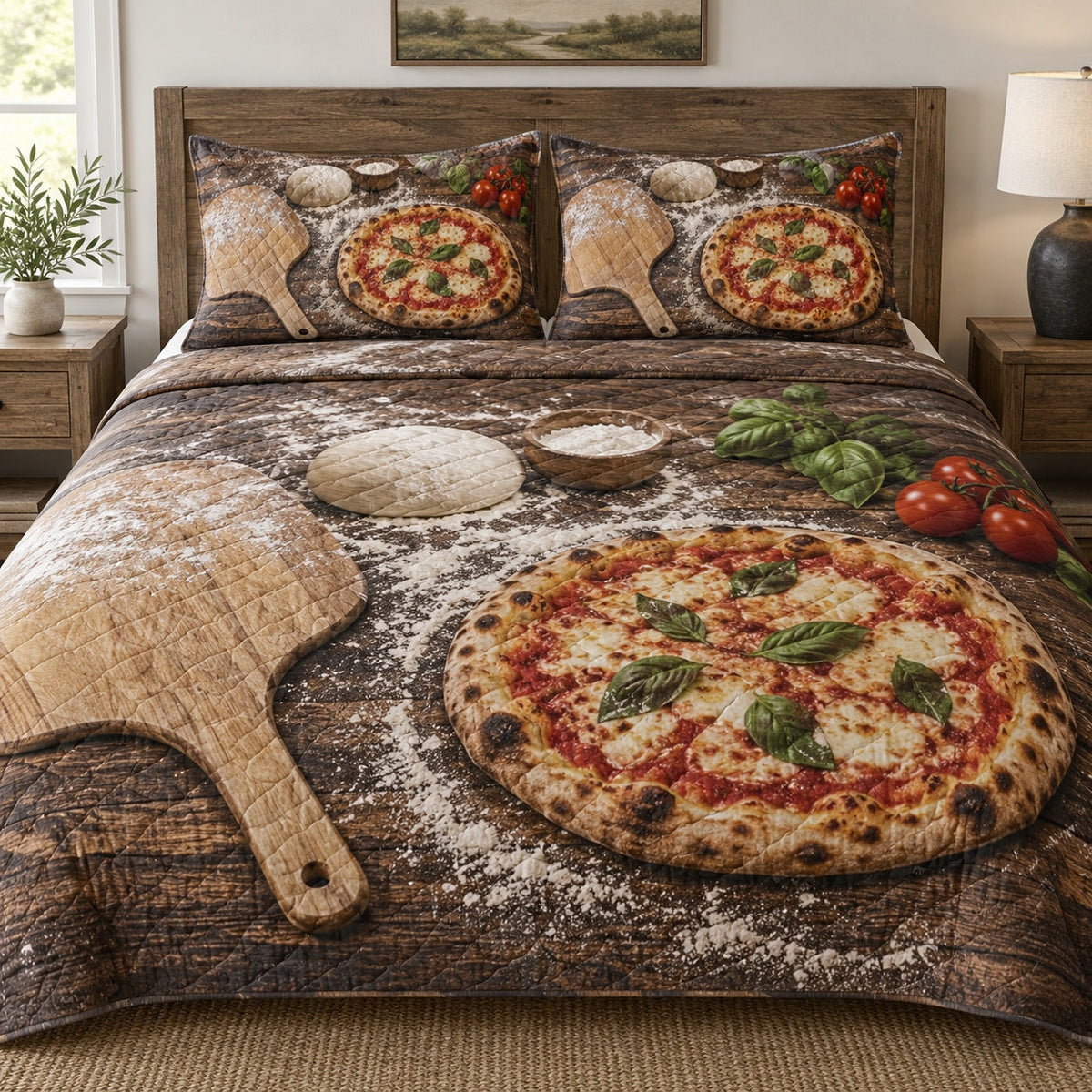 Flour and Fire Pizza Making Quilt Set, front pizza making bedroom view